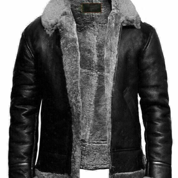 Men's RAF Aviator B3 Flying Bomber Sheep Skin Real Leather Jacket Black Grey