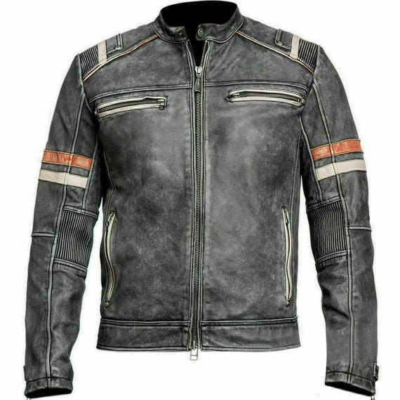 Men's Biker Vintage Motorcycle Cafe Racer Retro 2 Moto Distressed Leather Jacket