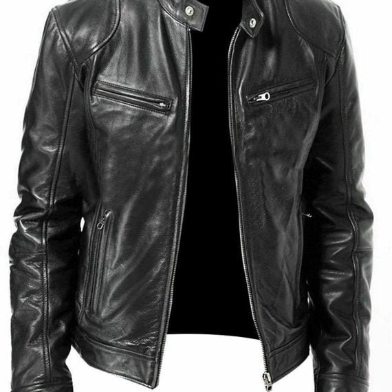 Mens vintage cafe racer black genuine leather slim fit real biker jacket