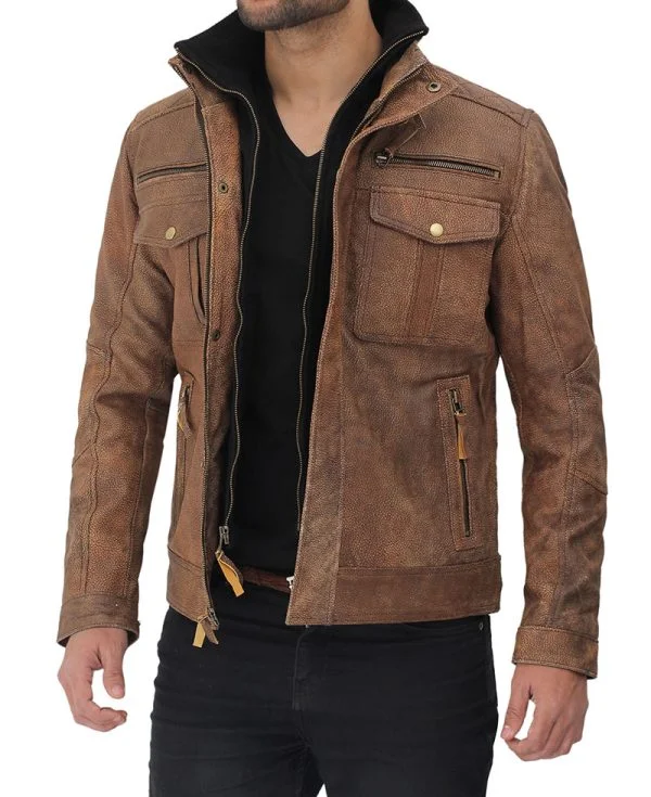 Light Brown Six Pocket Distressed Leather Jacket