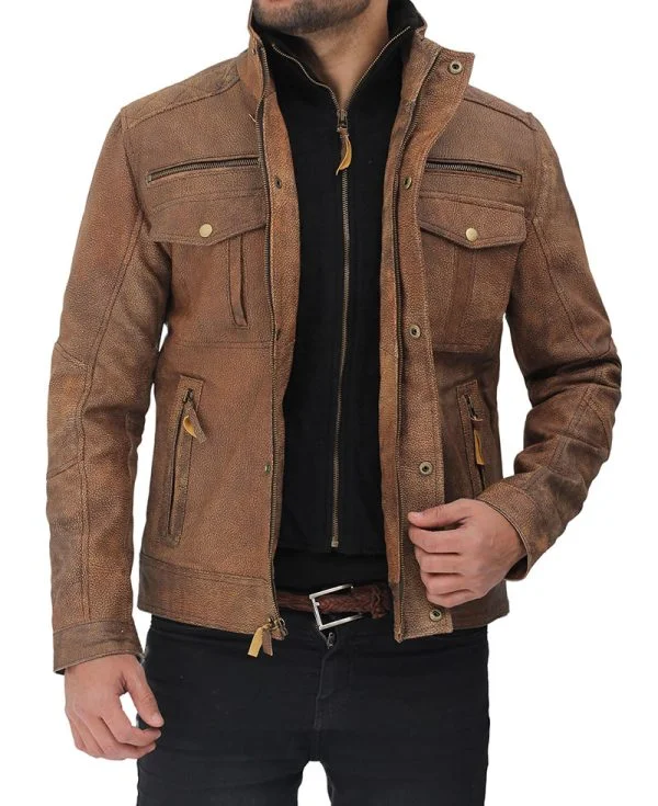 Light Brown Six Pocket Distressed Leather Jacket