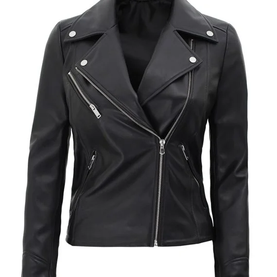 Rita Womens Asymmetrical Leather Moto Jacket Black