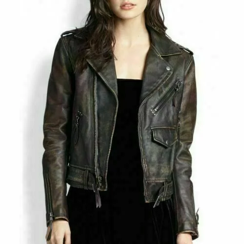 Women Vintage Brown Cafe Racer Leather Jacket