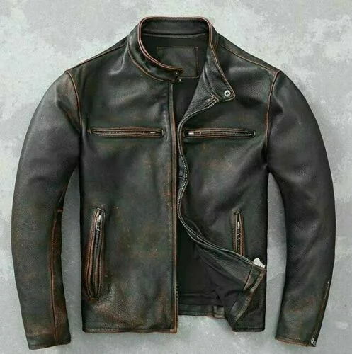 Men’s Motorcycle Biker Vintage Cafe Racer Distressed Black Real Leather Jacket