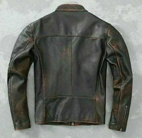 Men’s Motorcycle Biker Vintage Cafe Racer Distressed Black Real Leather Jacket