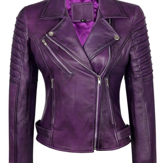Women Purple Top Slim Biker Lambskin Jacket