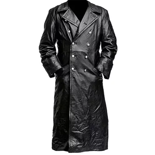 German Officer Black Genuine Real Leather Coat Long Black Trench Coat