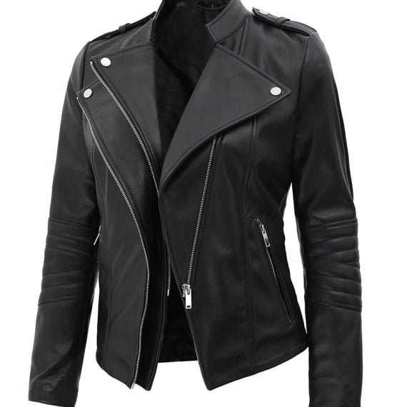 Monica Womens Asymmetrical Fitted Leather Jacket Black