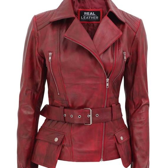 Womens Asymmetrical Burgundy Four Pocket Belted Moto Jacket