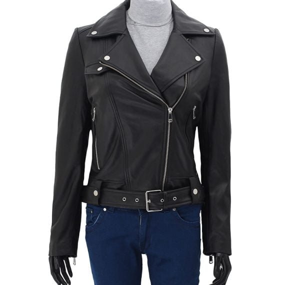 Womens Black Asymmetrical Cropped Moto Leather Jacket