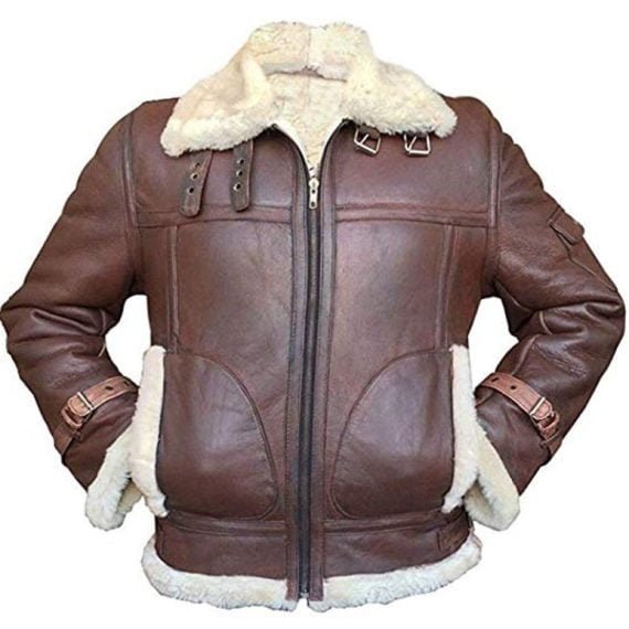Men RAF Aviator FUR Shearling Brown Hand Made Lamb Skin Genuine Leather Jacket