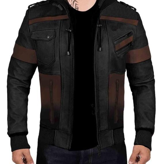 Men Black Hoodie Removable Bomber Hand Made Distressed Genuine Leather Jacket
