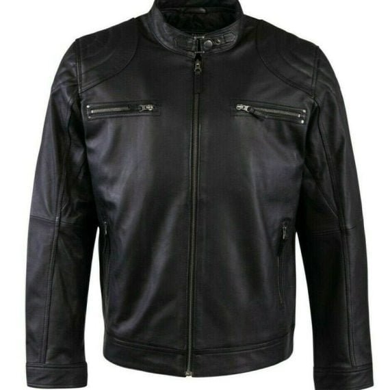 Men Black Slim Fit Vintage Cafe Racer Real Hand Made Sheep Skin Genuine Leather