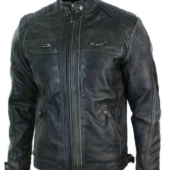 Mens Real Vintage Cafe Racer Distressed Black Hand Made Genuine Leather Jacket