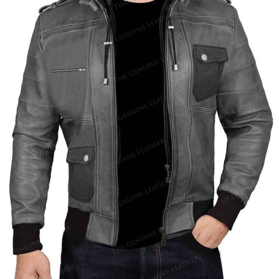 Men's Grey Removable Hoodie Real Bomber Hand Made Genuine Leather Jacket