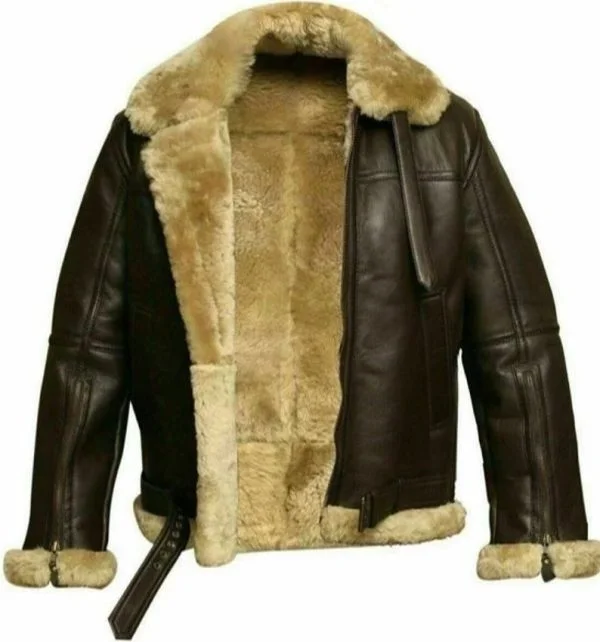 Men Aviator Dark Brown RAF B-3 Shearling Fur Genuine Winter Leather Jacket