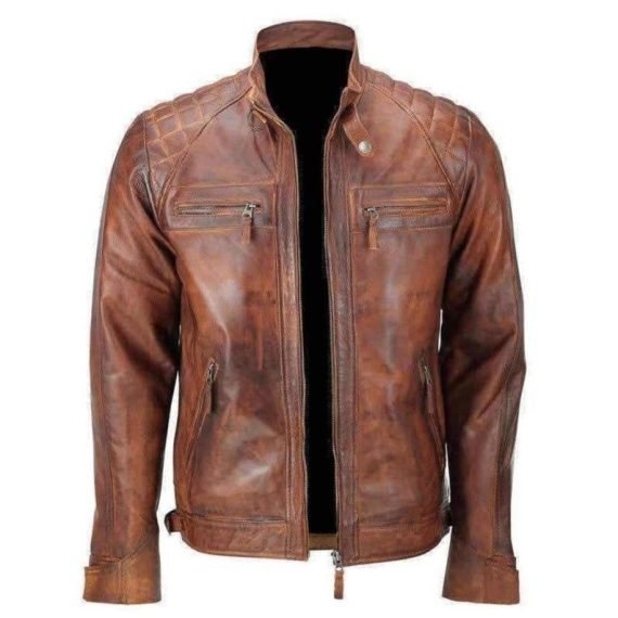 Men Brown Vintage Cafe Racer Distressed Motorcycle Real Leather Jacket