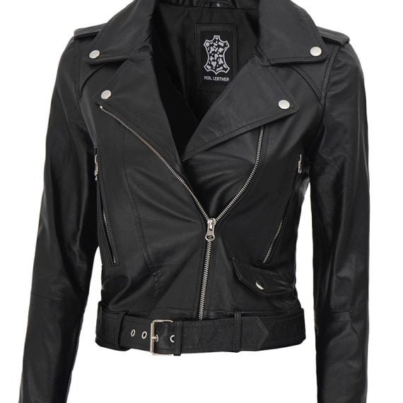 Nellie Black Asymmetrical Cropped Leather Jacket Womens