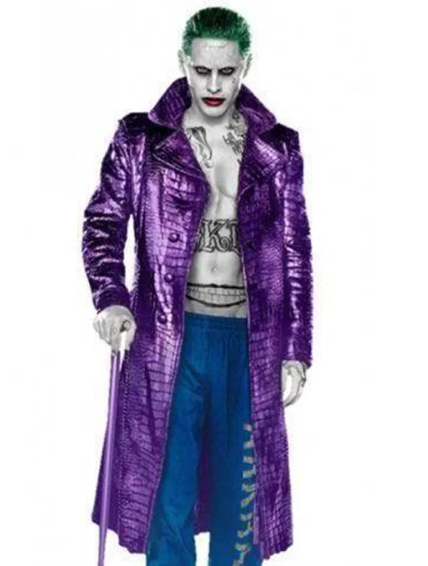 Suicide Squad Joker Jared Leto Purple Long Leather Coat - FL415